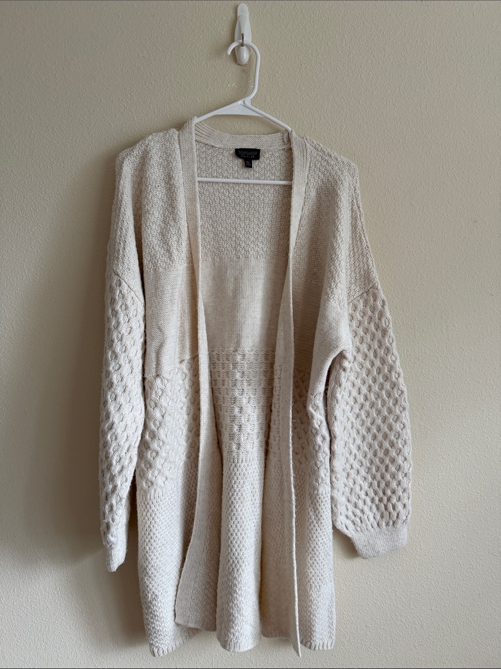 Topshop Long Open-Front Cream Knit Cardigan